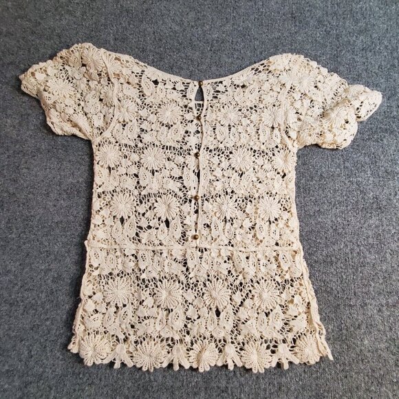 Lovely 153 Crochet Scoop Neck Cotton Tunic Top Cream Ivory Sheer Over Shirt S - Picture 8 of 14